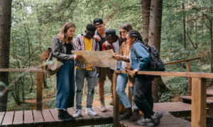 Six tourists discussing on a map in a forest