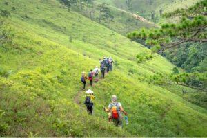 Ecotourists trekking in green hills, thanks to India's vast topography 