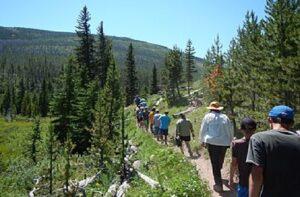 Tourists hiking in Scapegoat Wilderness, Montana .
