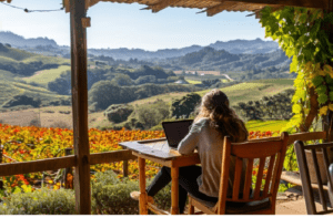 A girl working from a farm om her laptop