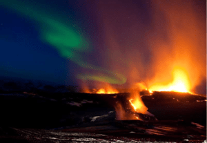 A spectacuar view of Northern lights, fire and ice of Iceland