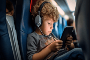 A toddler is with an earphone and a mobile