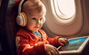A toddler is happy with a ipod and earphone